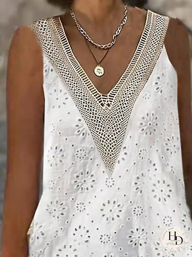 Casual Dress Shift Dress White Dress Plain Eyelet Lace Trim V Neck Midi Dress Fashion Modern Outdoor Daily Sleeveless Loose Fit White Summer Spring S M L XL XXL for Women