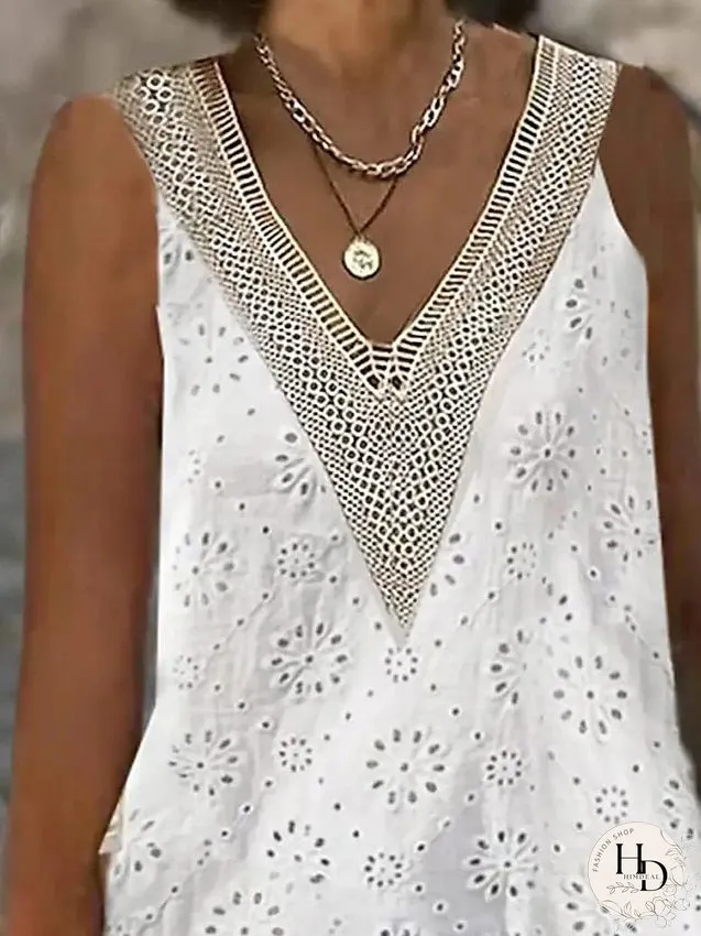 Casual Dress Shift Dress White Dress Plain Eyelet Lace Trim V Neck Midi Dress Fashion Modern Outdoor Daily Sleeveless Loose Fit White Summer Spring S M L XL XXL for Women