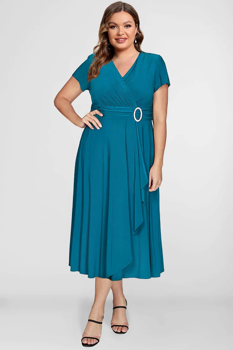 Flycurvy Plus Size Mother Of The Bride Peacock Blue Waist Decorated Tunic Tea-Length Dress  Flycurvy [product_label]