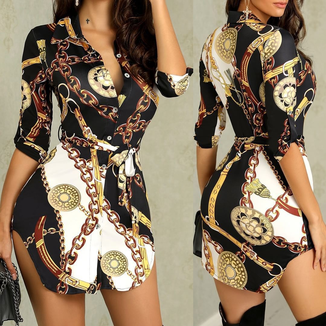 Autumn Sexy Slim Shirt Dress Women Fashion Gold Chain Printed Dress Lapel Belt Irregular Dress Office Ladies Mini Dresses Casual