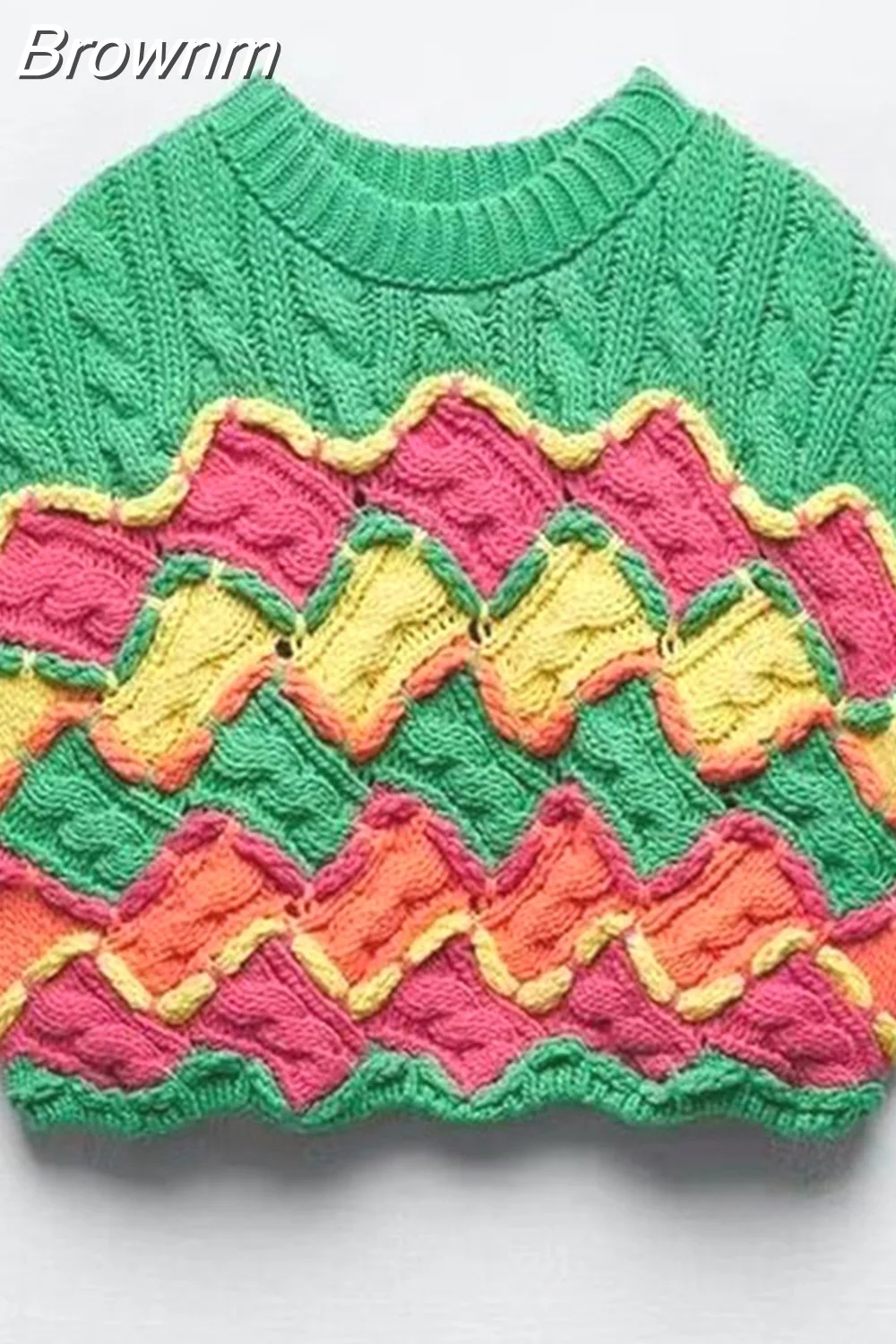 Brownm Cropped Knit Sweater Vest Women Elegant O-neck Crochet Pullover 2023Female Short Sleeve Slim Top Y2K Casual Street Wear