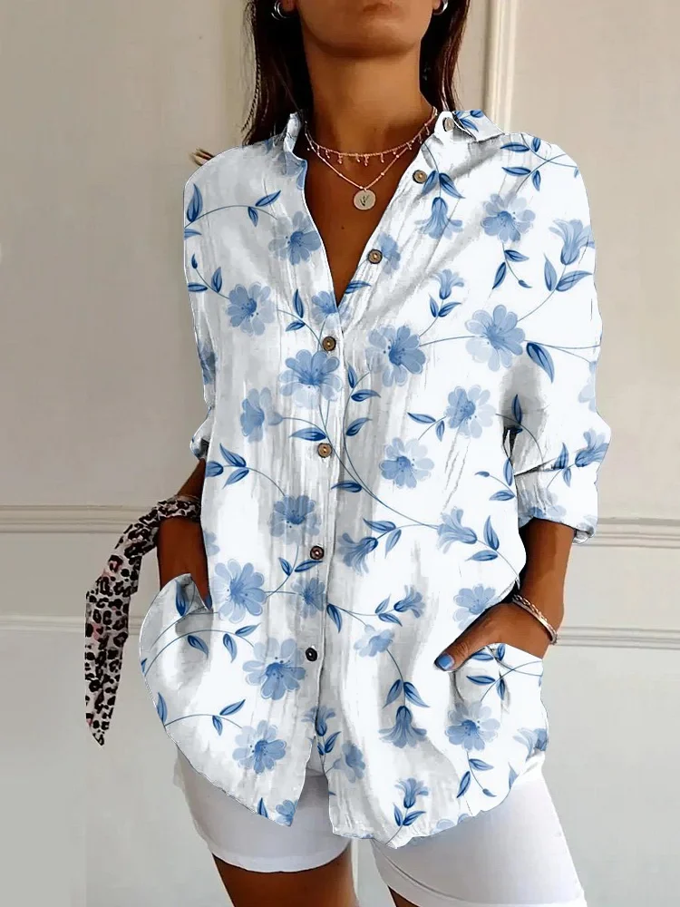 Vintage Blue Floral Art Print Casual Long Sleeve Shirt