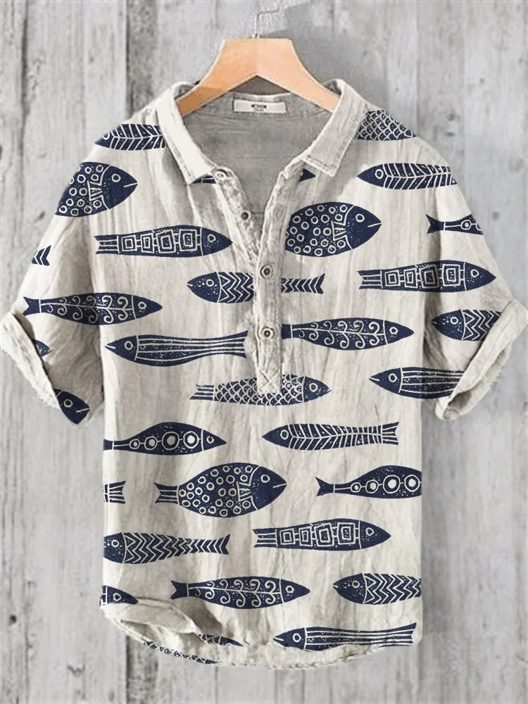 Species of Fish Japanese Lino Pattern Linen Blend Shirt