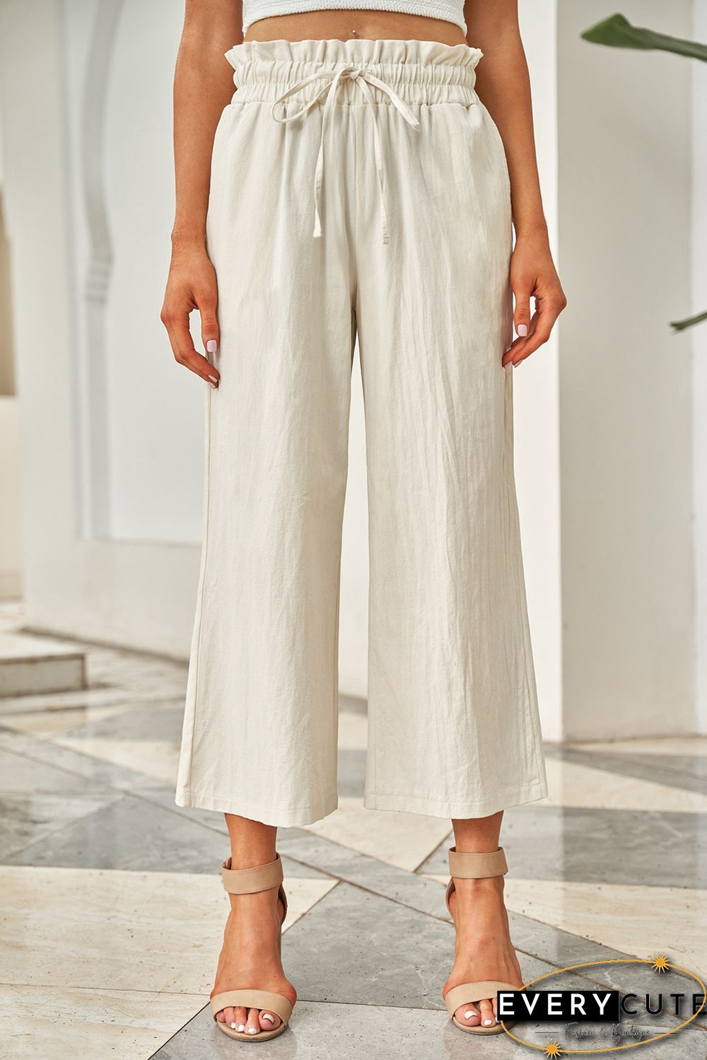 Khaki Paperbag Waist Straight Leg Cropped Pants