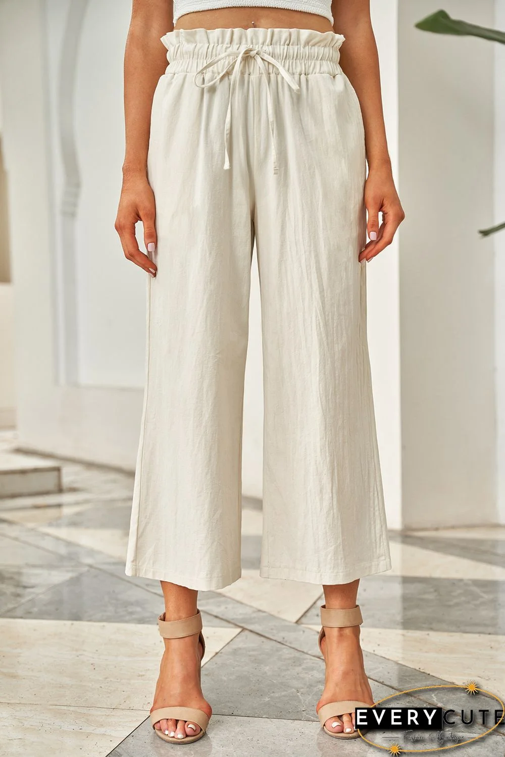 Khaki Paperbag Waist Straight Leg Cropped Pants