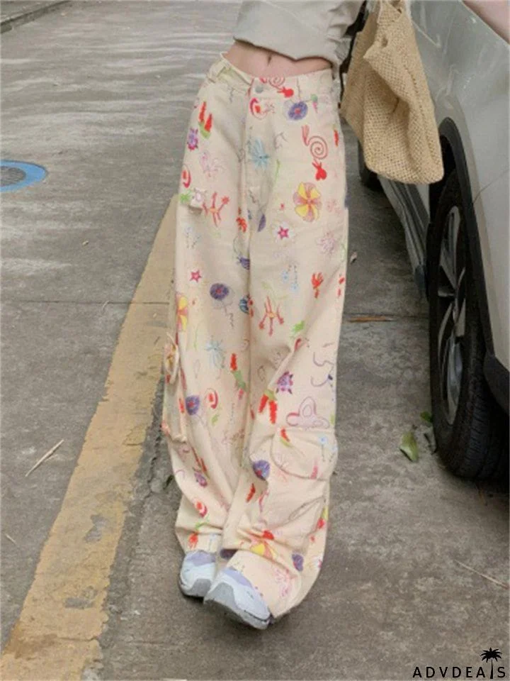 Female Baggy Colorful Printed Wide-leg Cargo Trousers