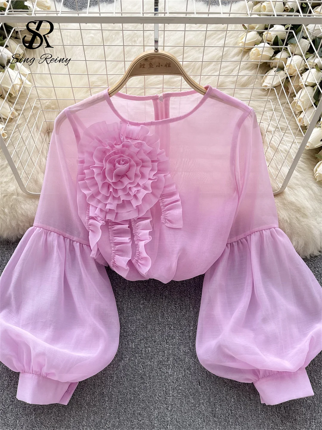 Huibahe Fashion Vintage Court Style Blouse Women Zipper Transparent Three Dimensional Floral Design 2024 Casual Loose T Shirt