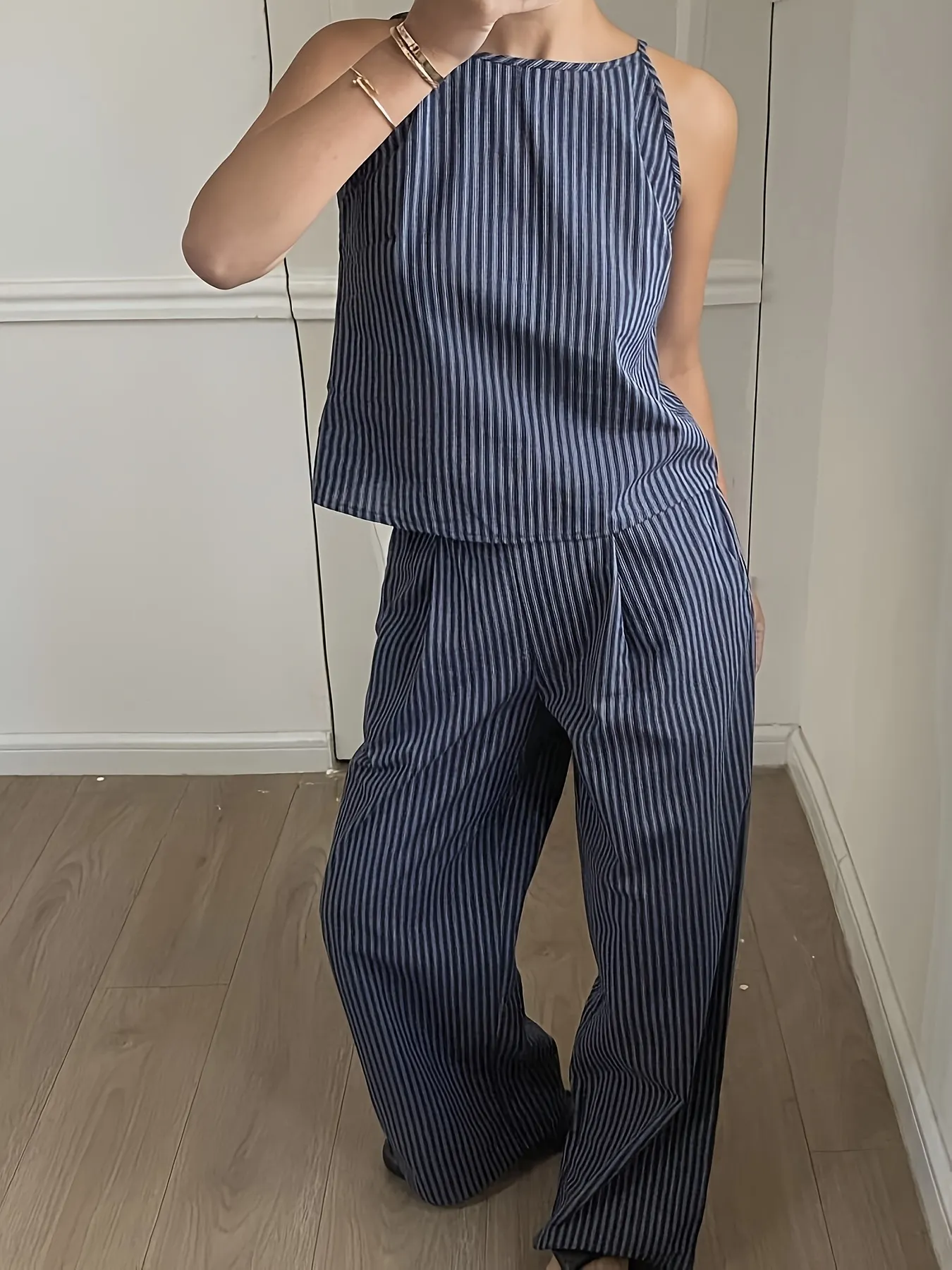 Casual Striped Lace-Up Top Vest Pants Set