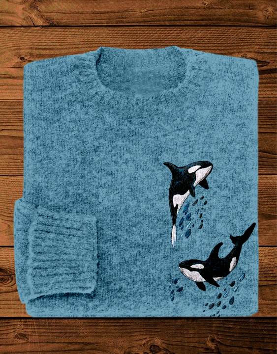 Whales Embroidery Art Crew Neck Cozy Knit Sweater wearshes