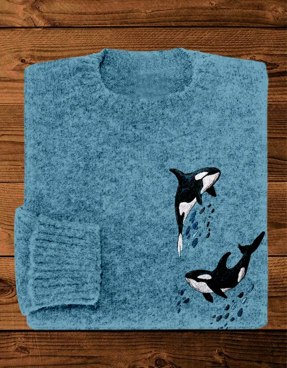 VChics Whales Embroidery Art Crew Neck Cozy Knit Sweater