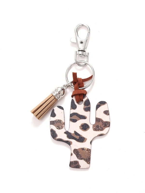 Classic Style Commute Cactus Printing Wood Bag Pendant Keychain