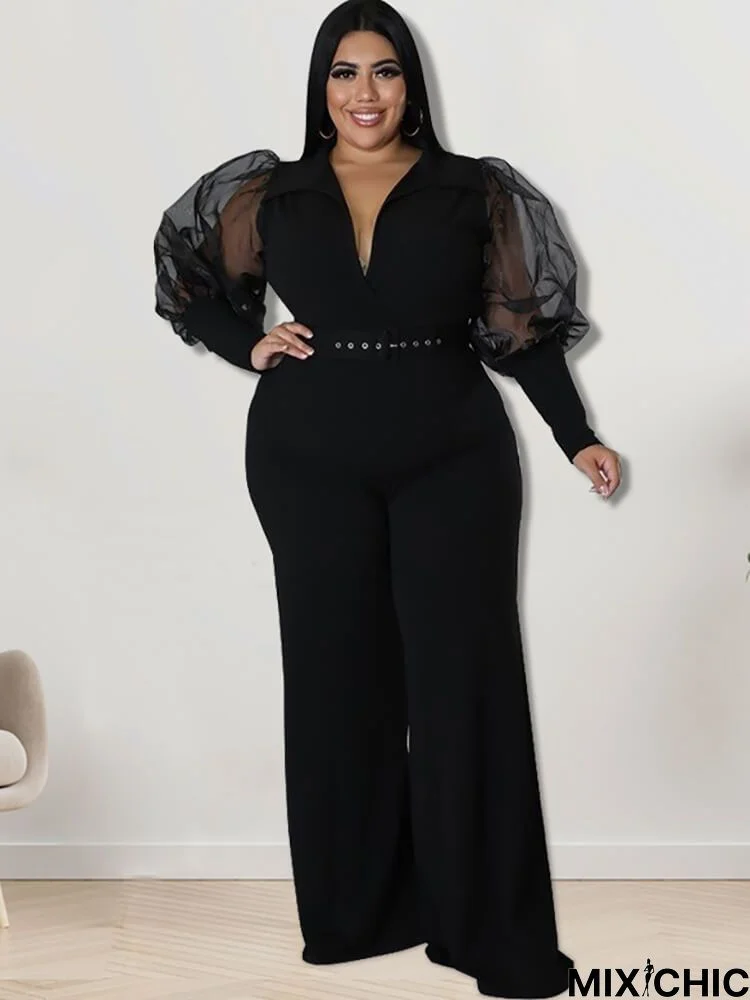 Plus Size Mesh Puff Sleeve Jumpsuits