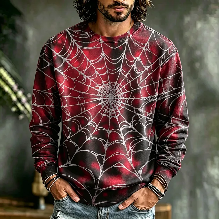 Men's Retro Halloween Spiderweb Print Casual Sweatshirt