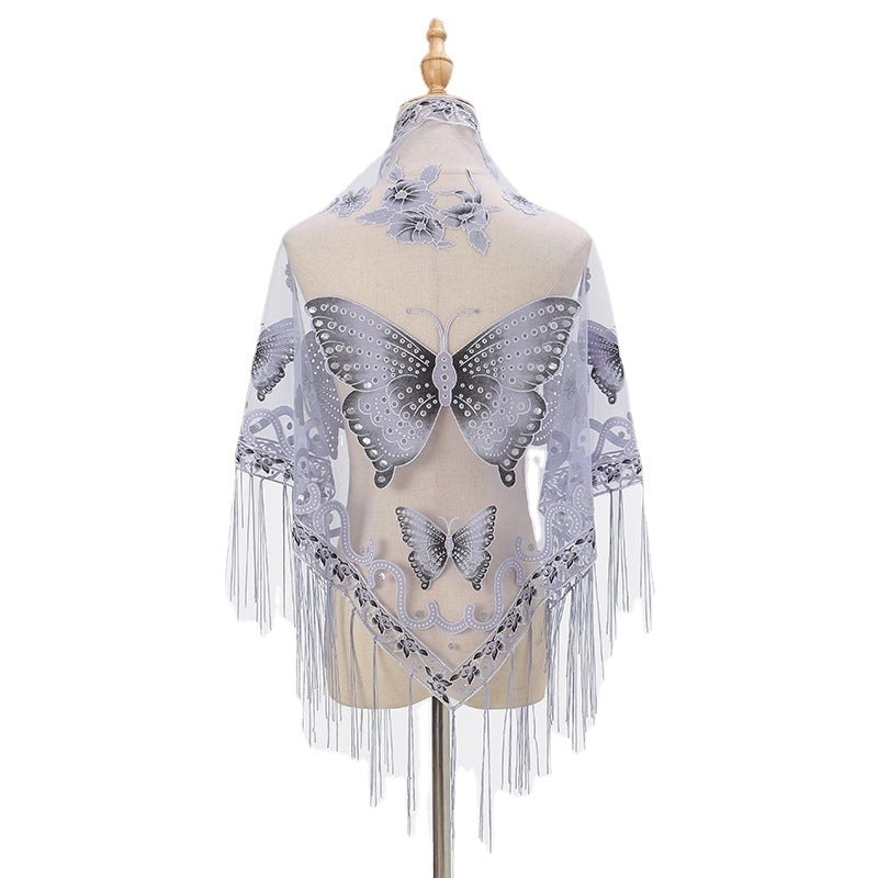 New Tassel Triangle Scarf Solid Color Hollow Lace Butterfly Embroidered Triangle Shawl Scarf For Women