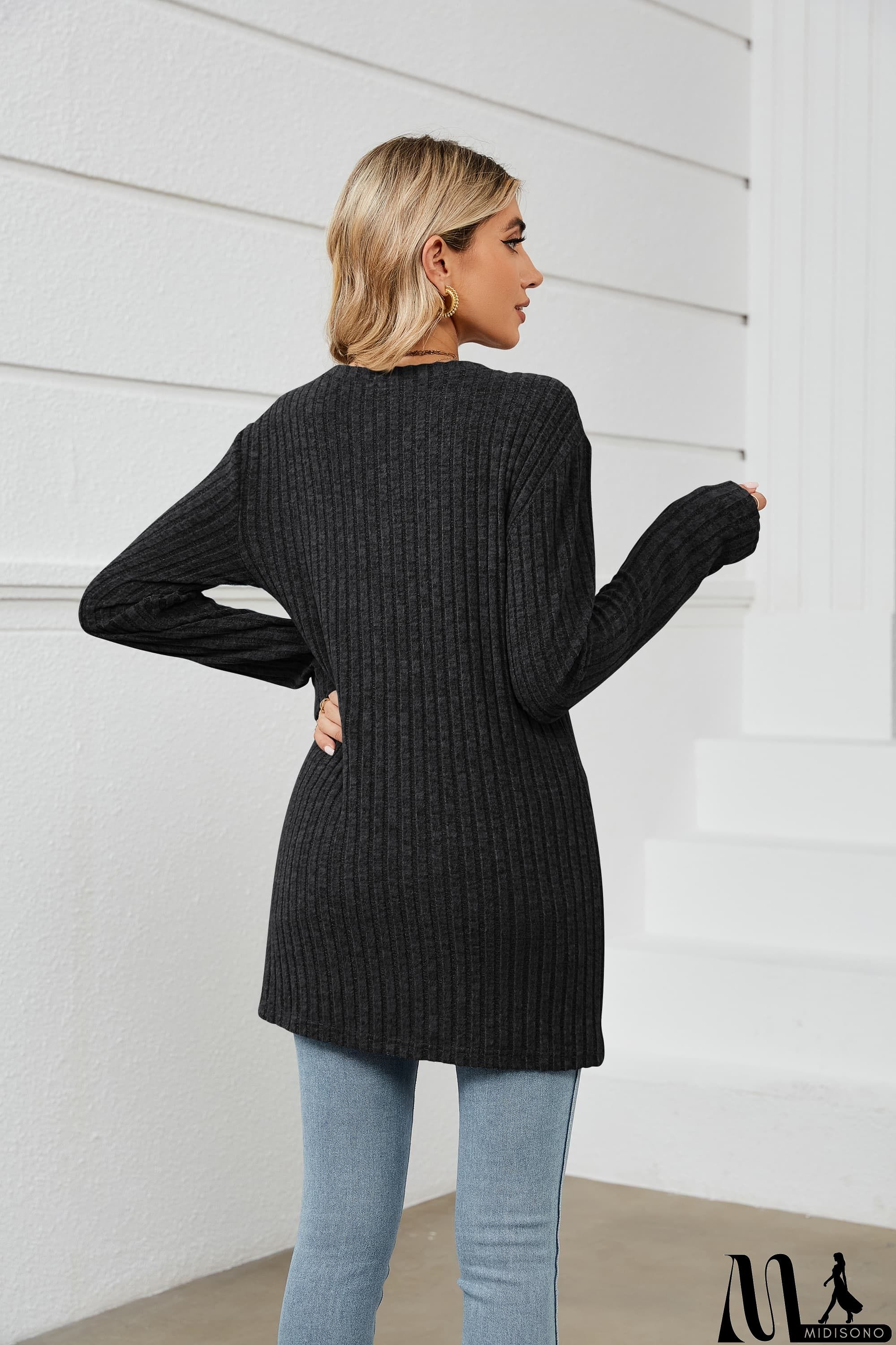 MidiSono - Notched Neck Ribbed Long Sleeve T-Shirt