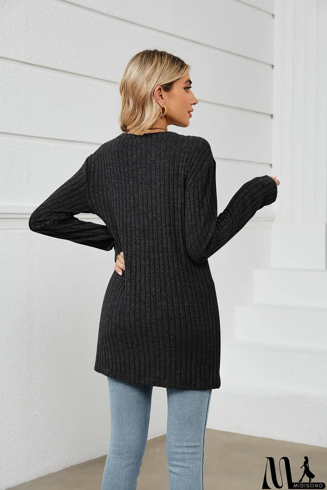 MidiSono - Notched Neck Ribbed Long Sleeve T-Shirt