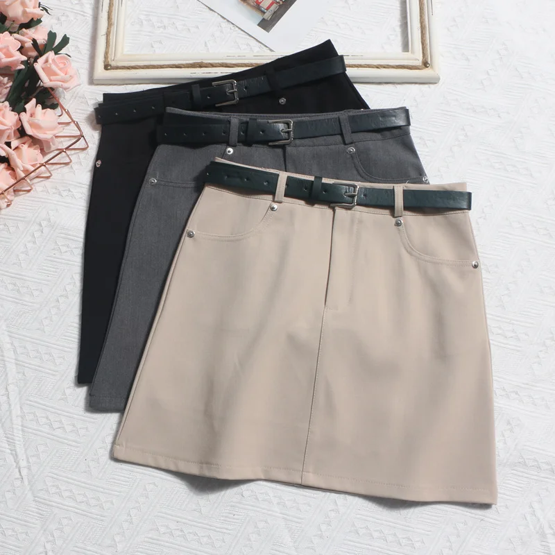 Uveng Real Shooting Gray Short Skirt Women's Summer Leisure High-Waisted Thin A-Body Skirt Anti-Walking Bag Hip Skirt With Belt 8010