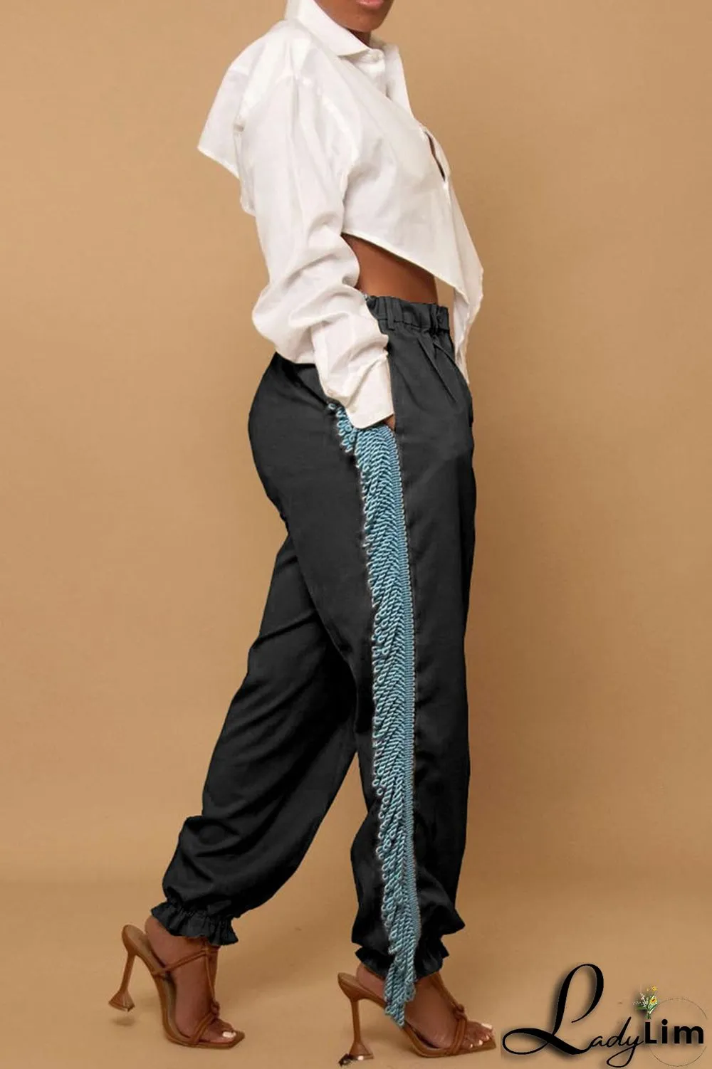 Green Casual Solid Tassel Patchwork Loose High Waist Pencil Solid Color Bottoms