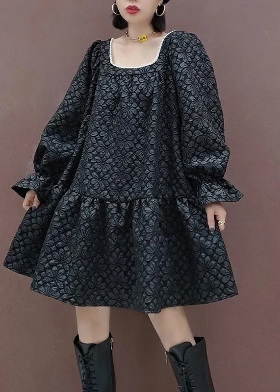 French Square Collar Patchwork Spring Tunic Sewing Black Flower Dress