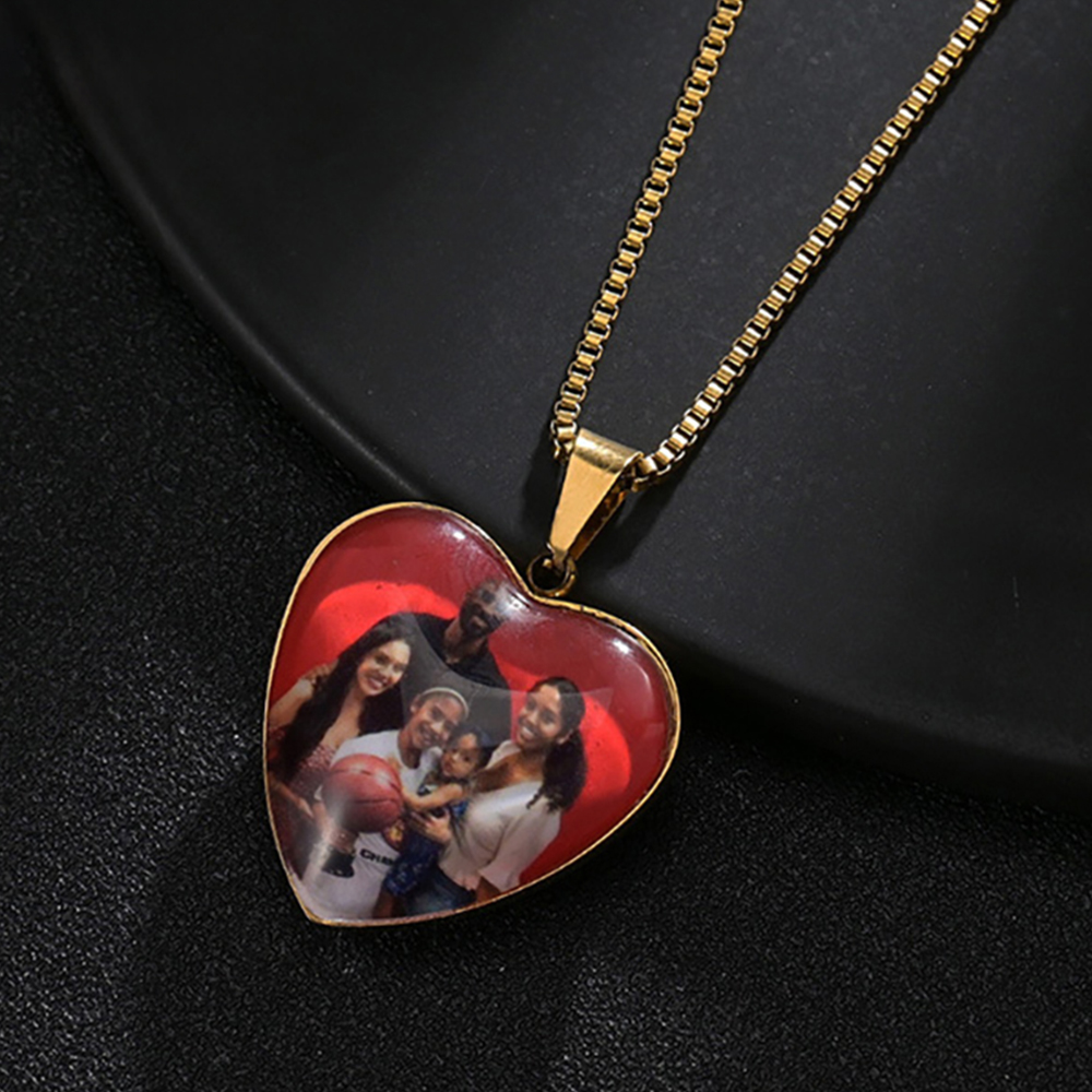 Custom Memory Picture Engraved Text Heart Pendant Necklace
