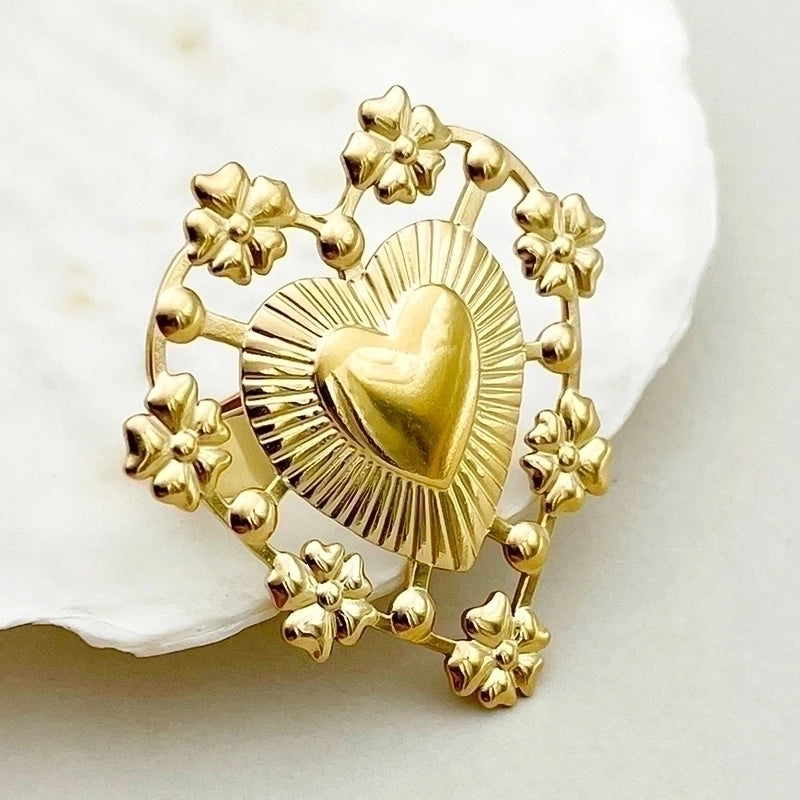 304 Stainless Steel 14K Gold Plated Casual Sweet Polishing Plating Heart Shape Flower Open Rings