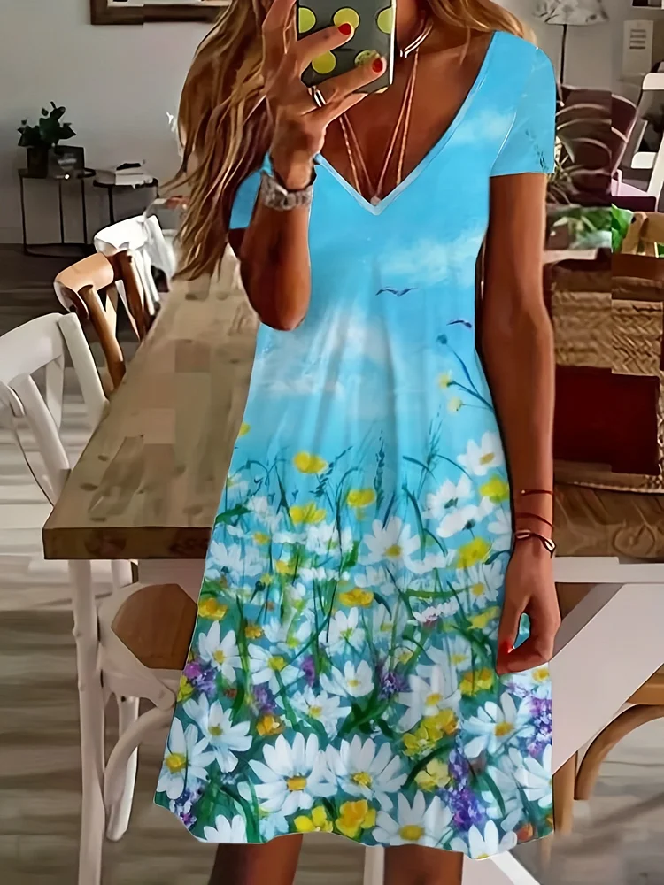 Floral Print V Neck Dress, Boho Short Sleeve Summer Midi Dress, Women's Clothing