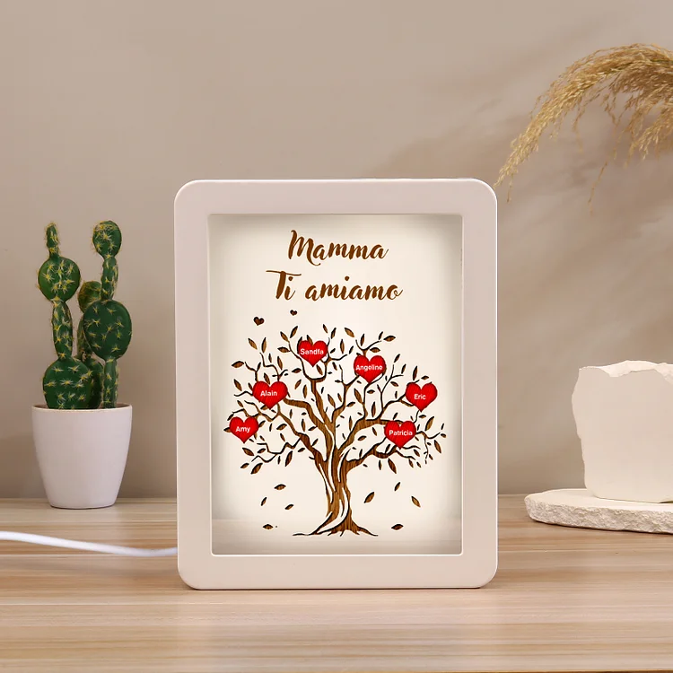 Cornice albero di cuore rosso con LED luce a tre colori 6 nomi e 1 testo personalizzati anche usati come specchio regalo per mamma/nonna