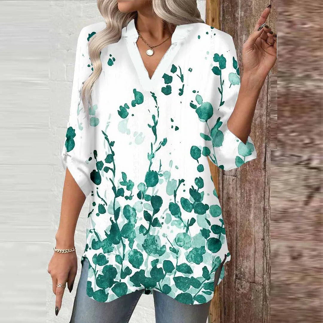Women Green, Floral DZGA0561 3/4 Sleeve V-neck Printed Graphic Button Tops