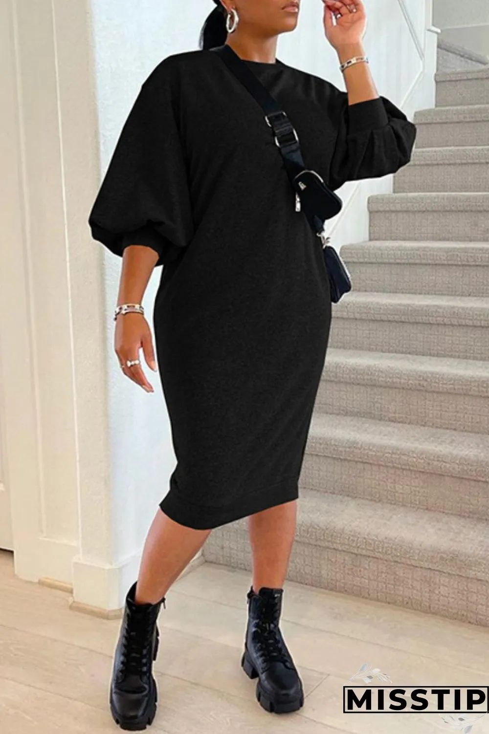 Brown Casual Solid Basic O Neck Long Sleeve Dresses