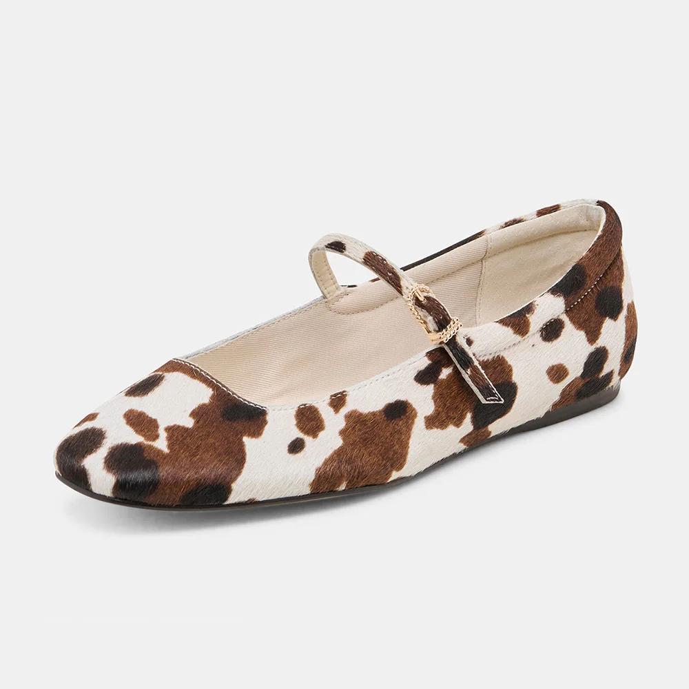 YDN Brown & White Square Toe Cow Print Flats with Buckle Strap