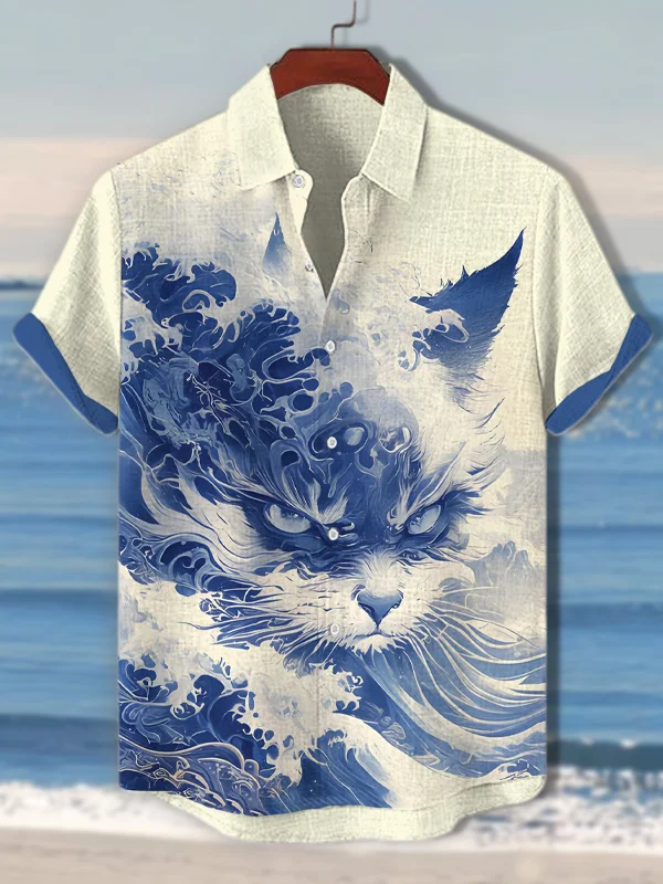 Men's Wave Cat Painting Vacation Art Print Short Sleeve Shirt