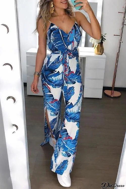 Leaf Print Side Slit Slip Jumpsuit