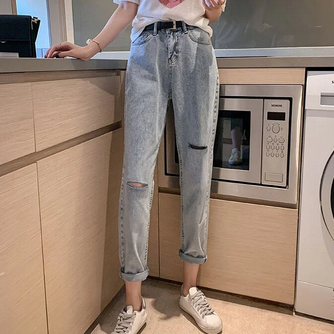 Jeans Women Harajuku Denim Trouser Fashion Students All-match High Waisted Female Cozy Mujer De Moda Hole Ankle-length Hipster