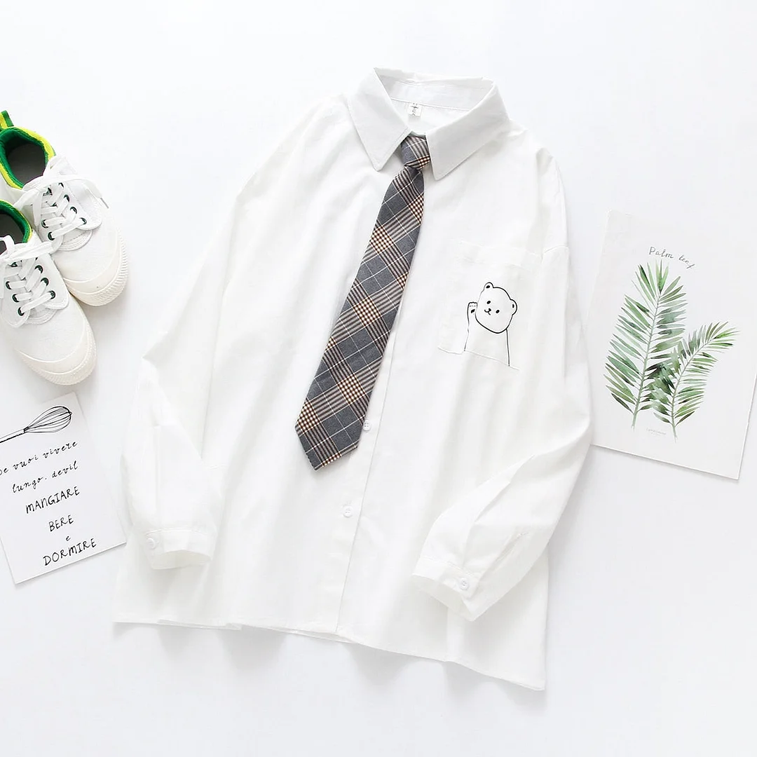 Women Cartoon Bear Print Cotton White Shirt Turn-Down Collar Button Up Cute School Girls Blouse With Plaid Tie Feminina Blusa