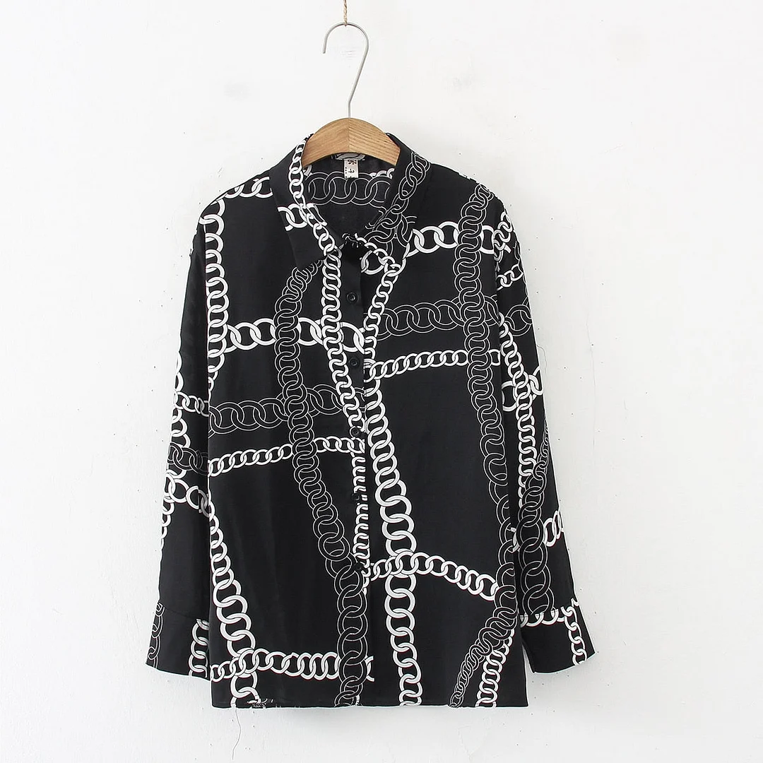 New Women Vintage Chain Print Chiffon Blouse Full Sleeve Button Up Turn Down Collar Shirt Casual Office Lady Autumn Tops T12712F