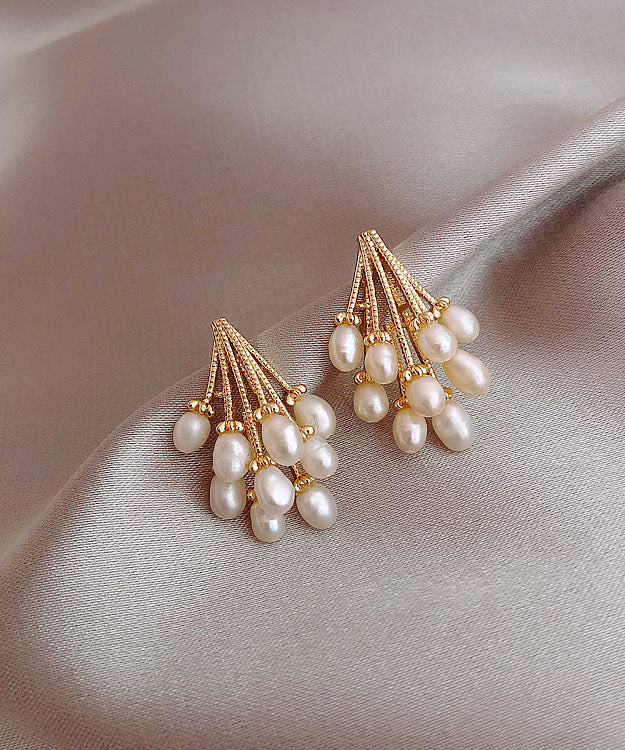 VCSHOES Gold Alloy Pearl Grape Tassel Drop Earrings