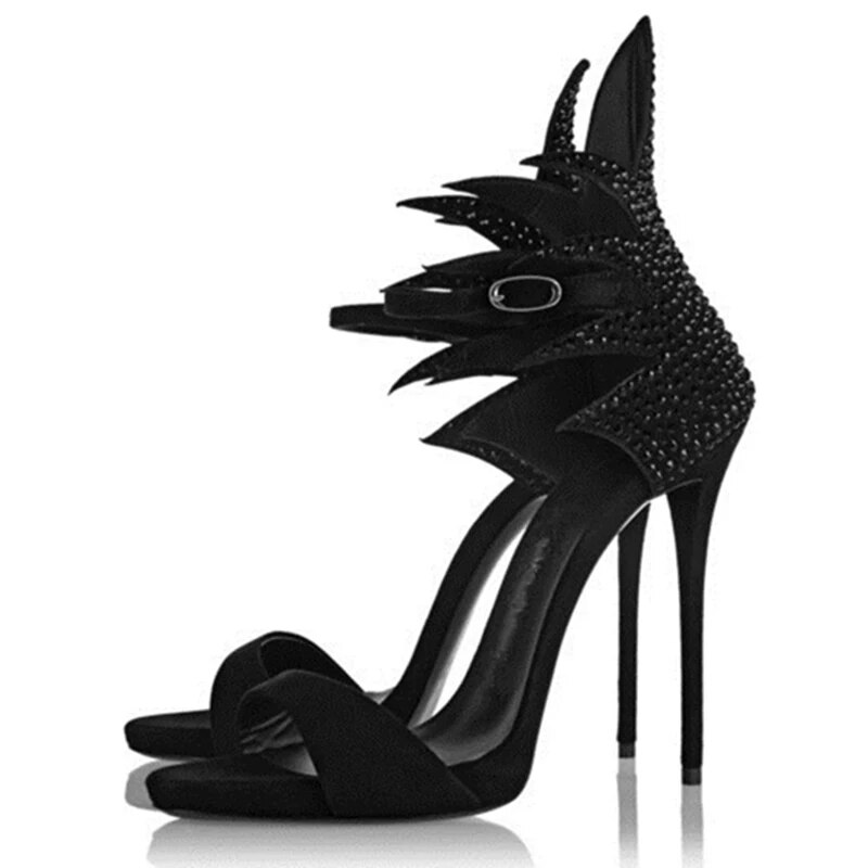TAAFO Black Rhinestone Evening Shoes Ankle Buckle Sandals Prom Shoes 
