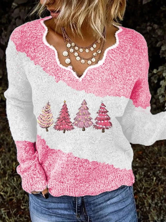 Christmas Print Lace Neck Sweater-mysite