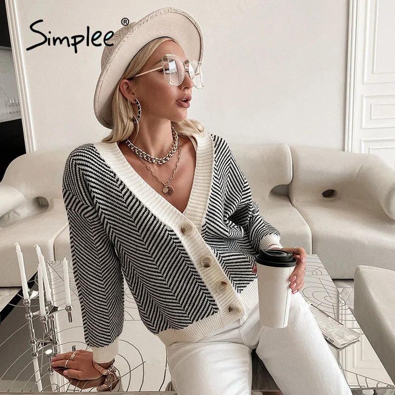 Simplee Casual stripes v-neck female cardigan autumn Office lady long sleeve women cardigan sweater Basic fashion short top coat