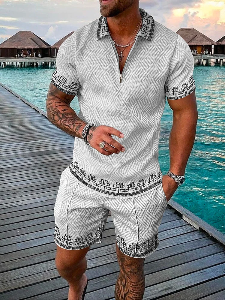 Men's Seaside Geometric Pattern Printed Polo Suit