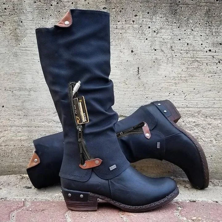 Women's Vintage Mid Calf Credit Card Money Wallet Pocket Boots