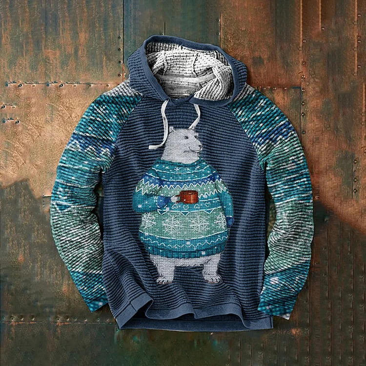 Comstylish Men's Waffle Polar Bear Animal Print Hooded Sweatshirt