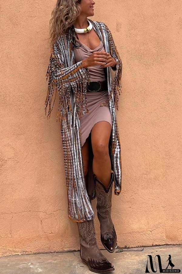 MidiSono - Evaluna Tie-dye Print Tassel Sleeve Midi Cover-up