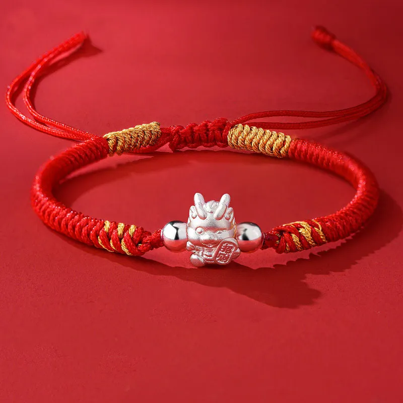 999 Sterling Silver Year of the Dragon Fu Character Attract Fortune Luck Handcrafted Braided Bracelet