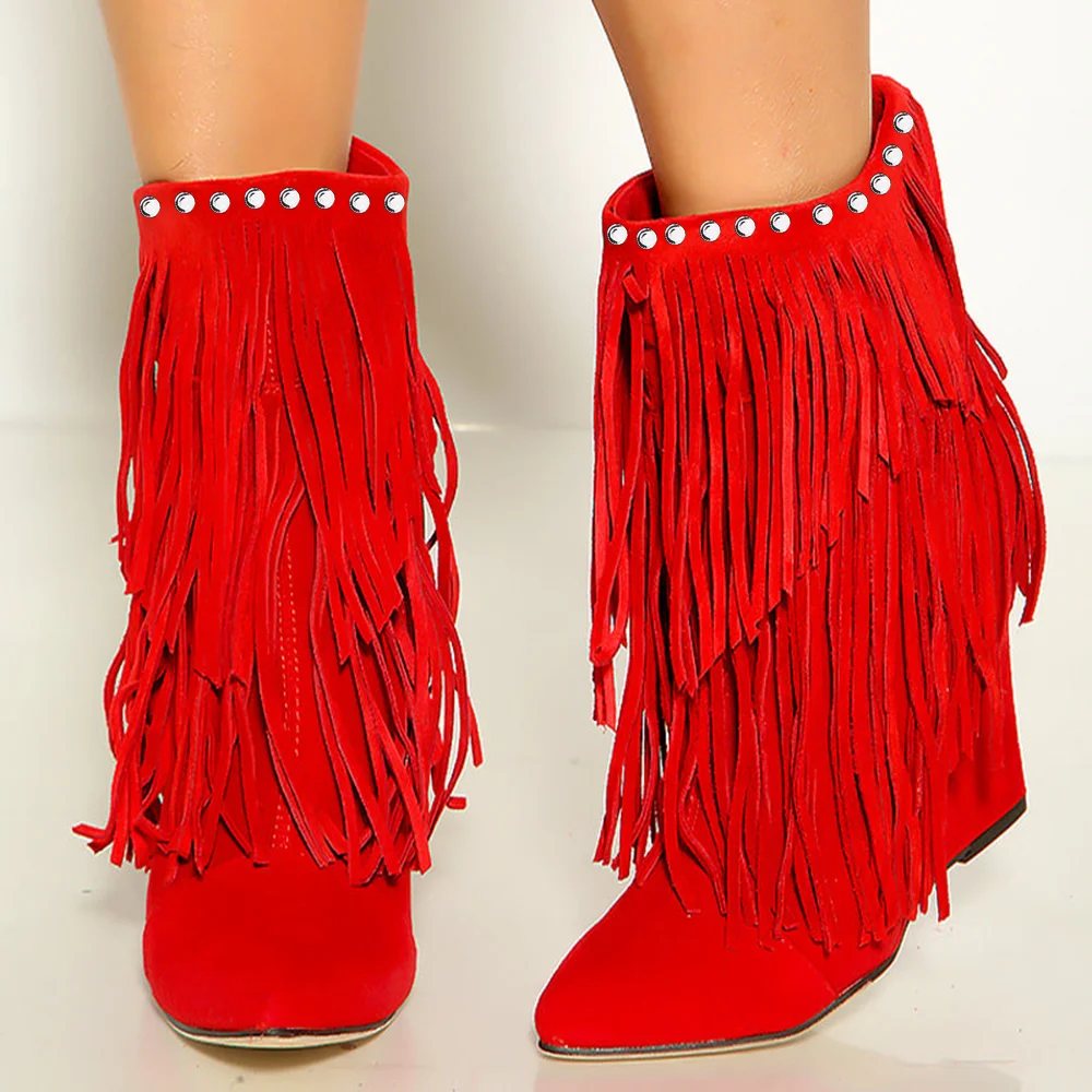 Red Fashion Boots Tassel Ankle Boots Wedge Heel