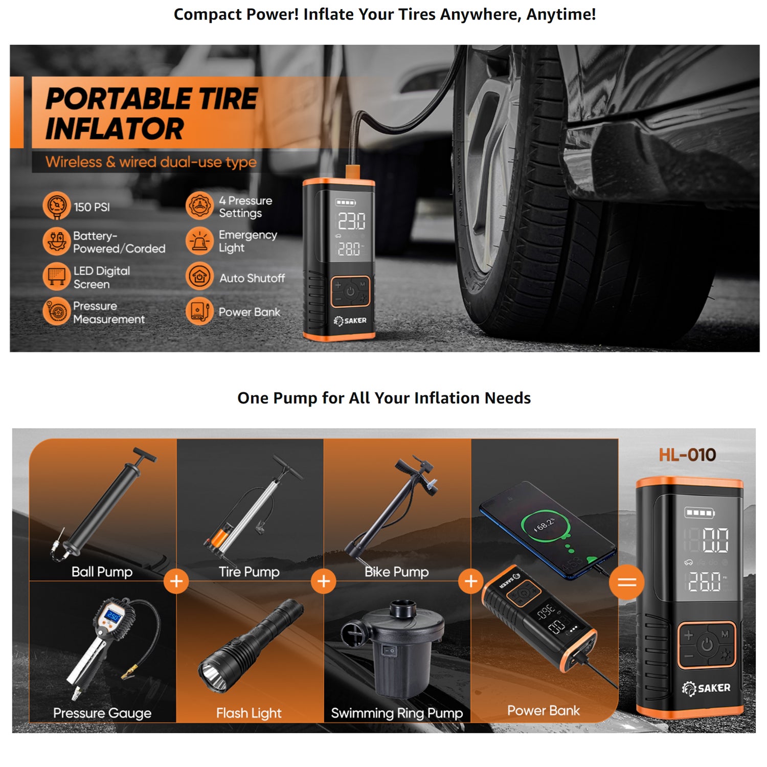 SAKER Tire Inflator Portable Air Compressor, Faster Portable Air Pump