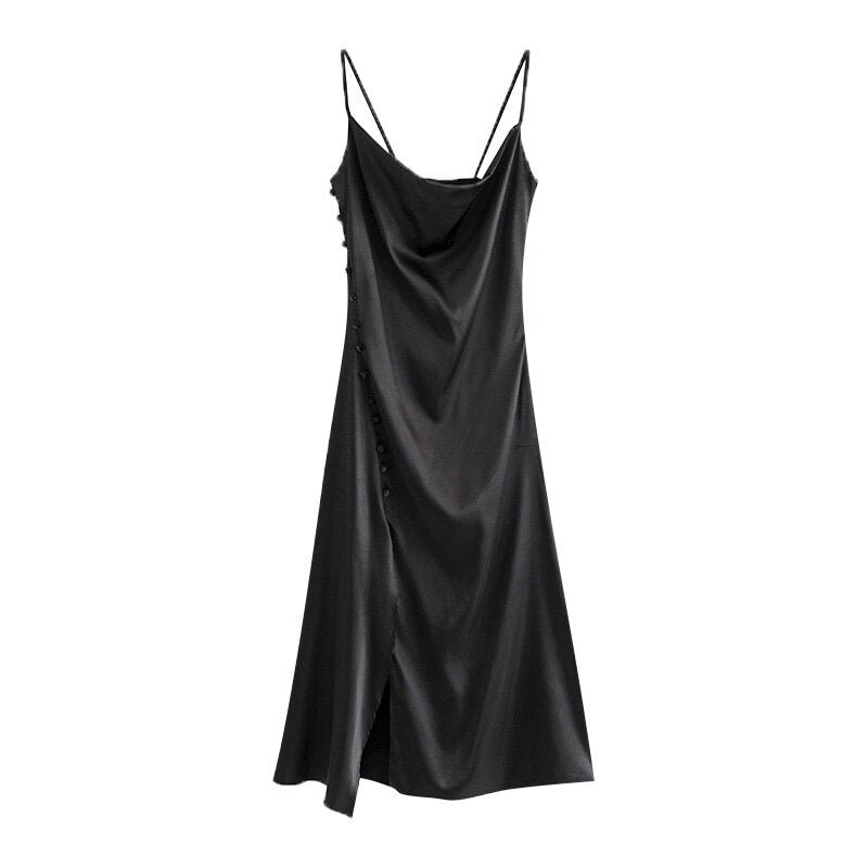 KPYTOMOA Women 2021 Fashion With Covered Buttons Vents Hem Midi Dress Vintage Backless Thin Straps Female Dresses Vestidos Mujer