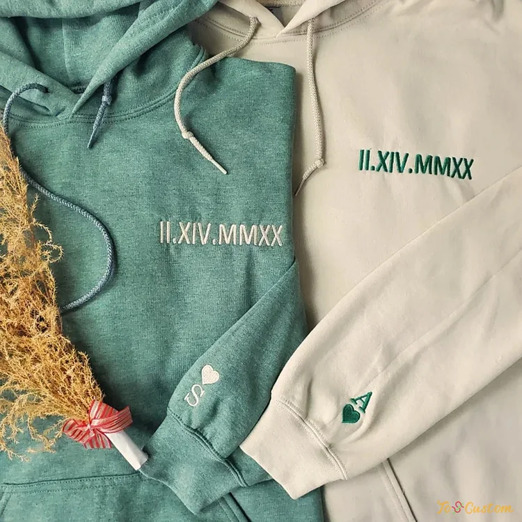 TOSCUSTOM™ Embroidered Roman Numeral Custom Date Hoodie for Couples