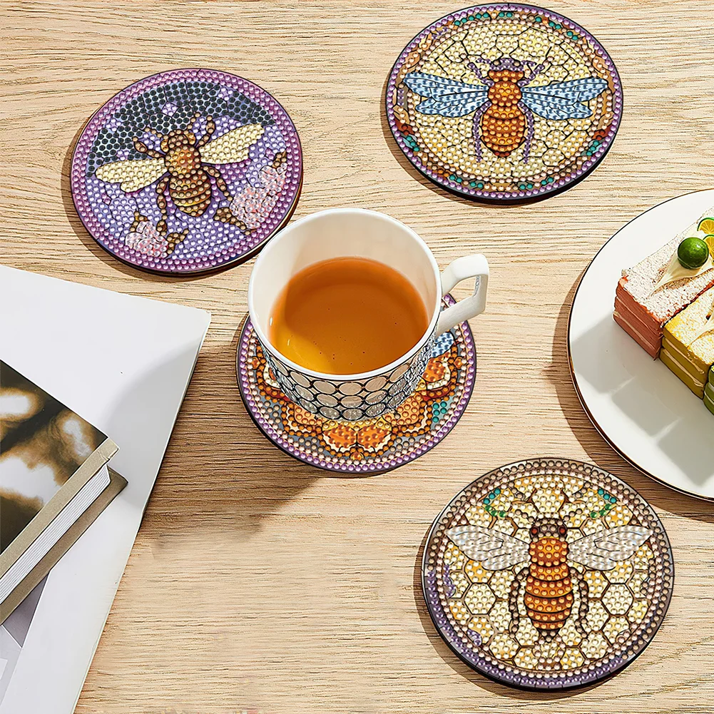 8pcs DIY Stained Glass Bee Diamond Painting Coasters Kits Acrylic Full Drill Coaster Single Side Diamond