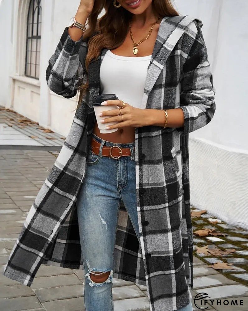 Women's Fashion Plaid Hooded Long-sleeved Woolen Coats | IFYHOME